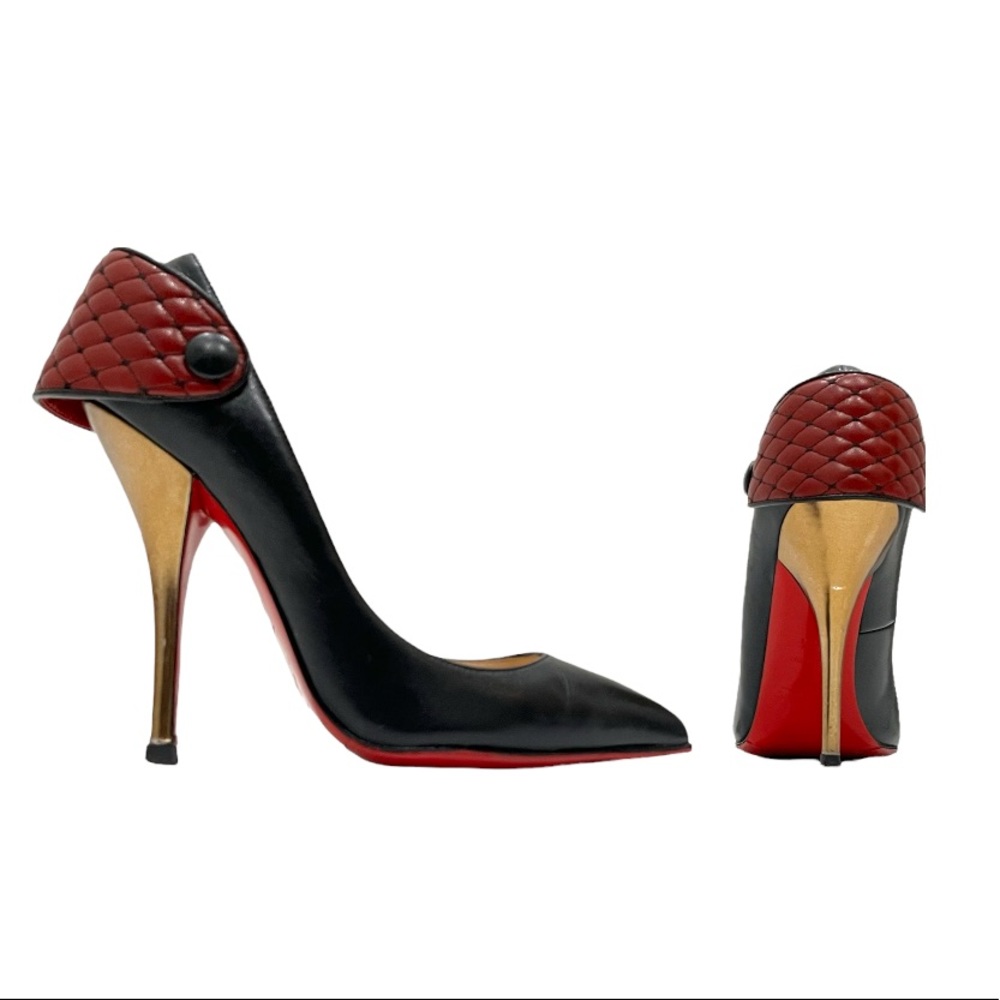 CHRISTIAN LOUBOUTIN Huguetta 100 black quilted strap back gold heel